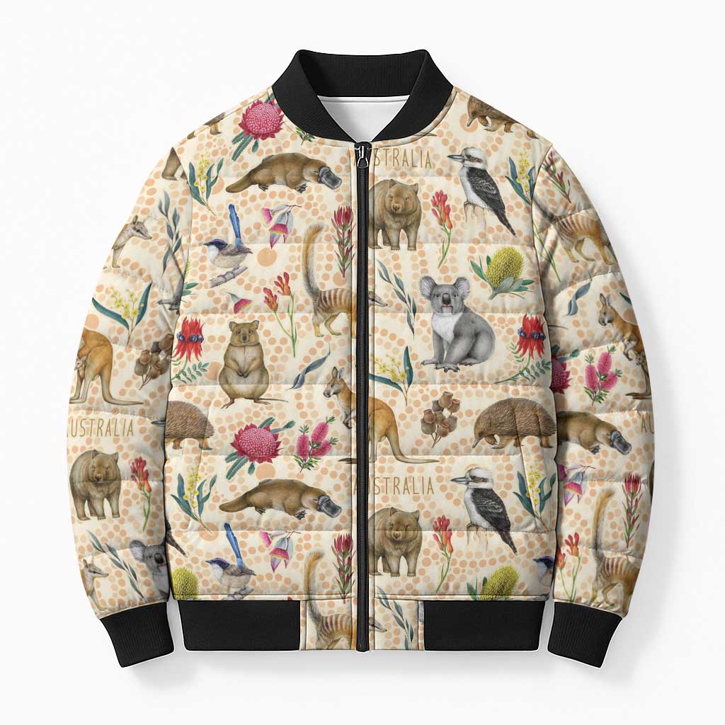 Australia Native Animals Bomber Puffer Jacket Aussie Aboriginal Art Seamless Vibes - Aussie Hoodie