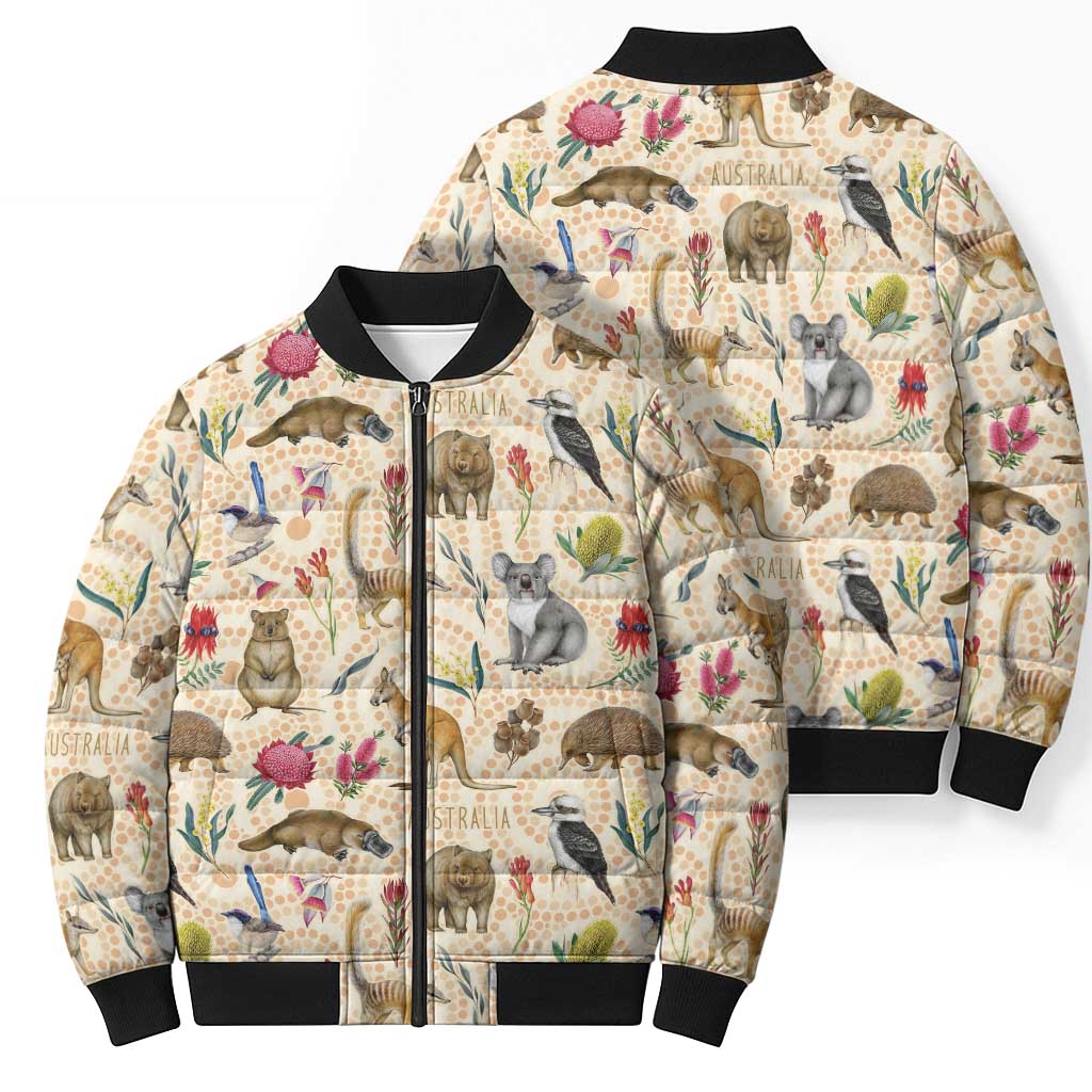 Australia Native Animals Bomber Puffer Jacket Aussie Aboriginal Art Seamless Vibes - Aussie Hoodie