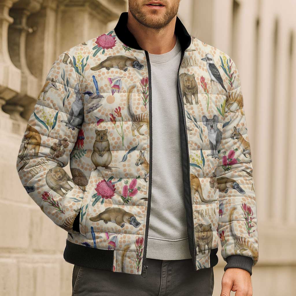 Australia Native Animals Bomber Puffer Jacket Aussie Aboriginal Art Seamless Vibes - Aussie Hoodie