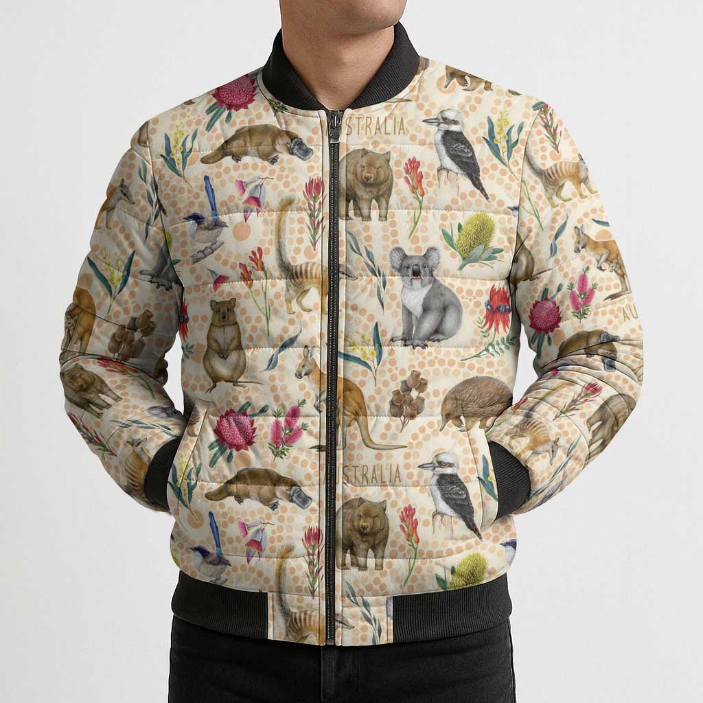 Australia Native Animals Bomber Puffer Jacket Aussie Aboriginal Art Seamless Vibes - Aussie Hoodie