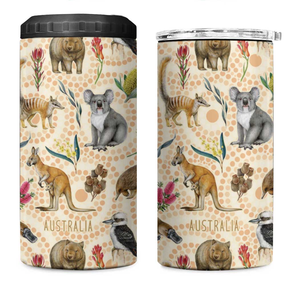 Australia Native Animals 4 in 1 Can Cooler Tumbler Aussie Aboriginal Art Seamless Vibes - Aussie Hoodie