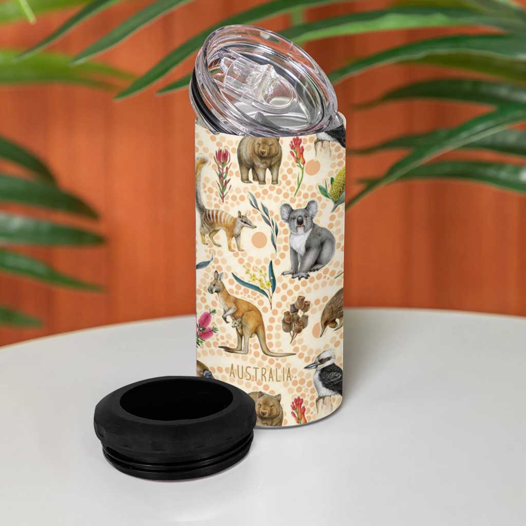 Australia Native Animals 4 in 1 Can Cooler Tumbler Aussie Aboriginal Art Seamless Vibes - Aussie Hoodie