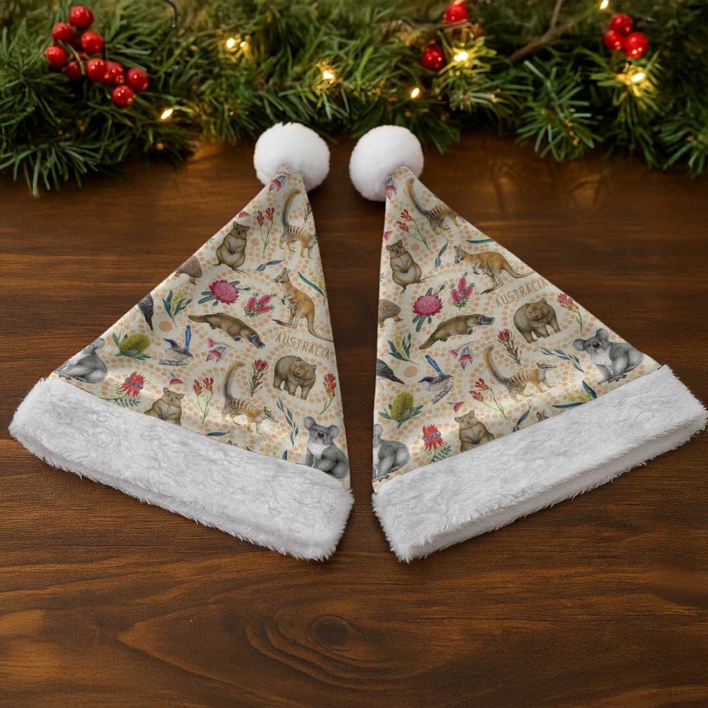 Australia Native Animals Christmas Santa Hat Aussie Aboriginal Art Seamless Vibes - Aussie Hoodie