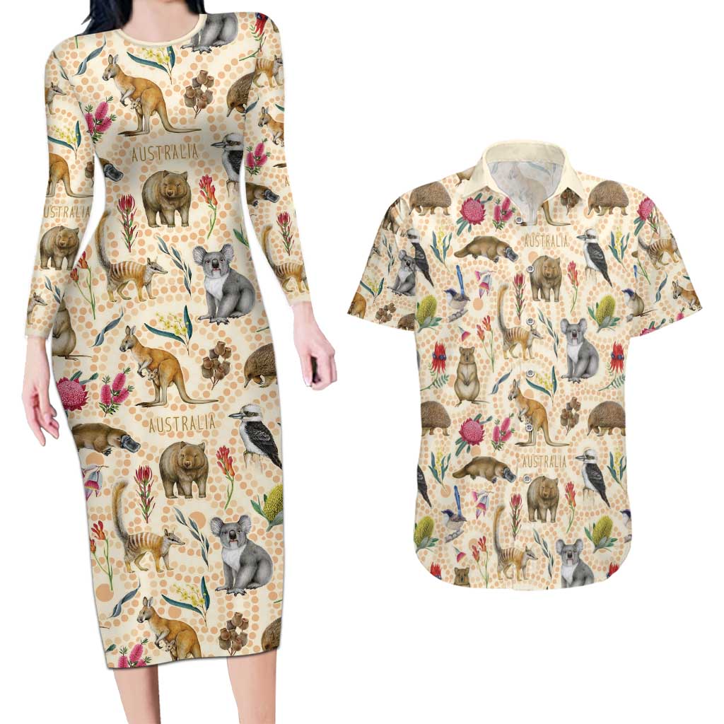 Australia Native Animals Couples Matching Long Sleeve Bodycon Dress and Hawaiian Shirt Aussie Aboriginal Art Seamless Vibes - Aussie Hoodie