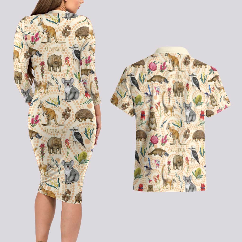 Australia Native Animals Couples Matching Long Sleeve Bodycon Dress and Hawaiian Shirt Aussie Aboriginal Art Seamless Vibes - Aussie Hoodie