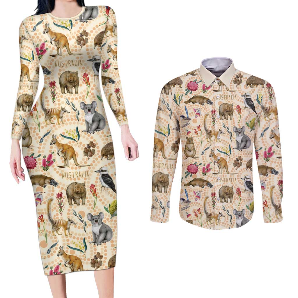 Australia Native Animals Couples Matching Long Sleeve Bodycon Dress and Long Sleeve Button Shirt Aussie Aboriginal Art Seamless Vibes - Aussie Hoodie