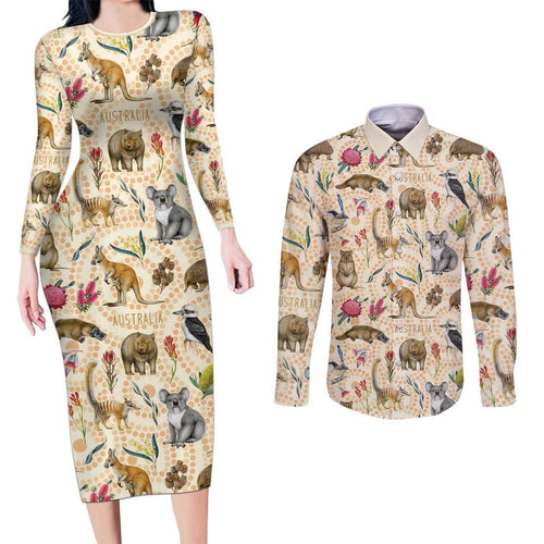 Australia Native Animals Couples Matching Long Sleeve Bodycon Dress and Long Sleeve Button Shirt Aussie Aboriginal Art Seamless Vibes - Aussie Hoodie