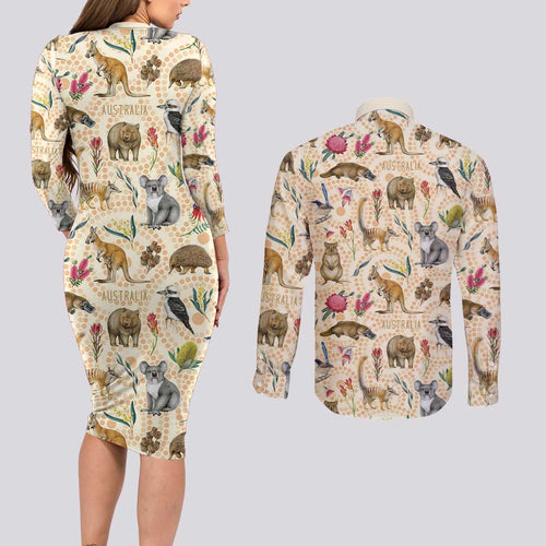 Australia Native Animals Couples Matching Long Sleeve Bodycon Dress and Long Sleeve Button Shirt Aussie Aboriginal Art Seamless Vibes - Aussie Hoodie