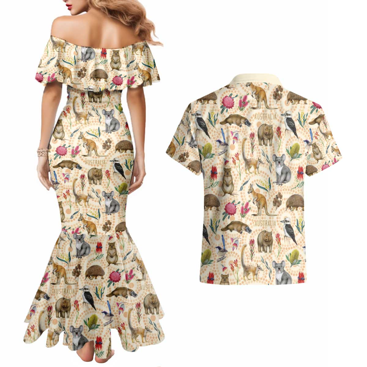 Australia Native Animals Couples Matching Mermaid Dress and Hawaiian Shirt Aussie Aboriginal Art Seamless Vibes - Aussie Hoodie
