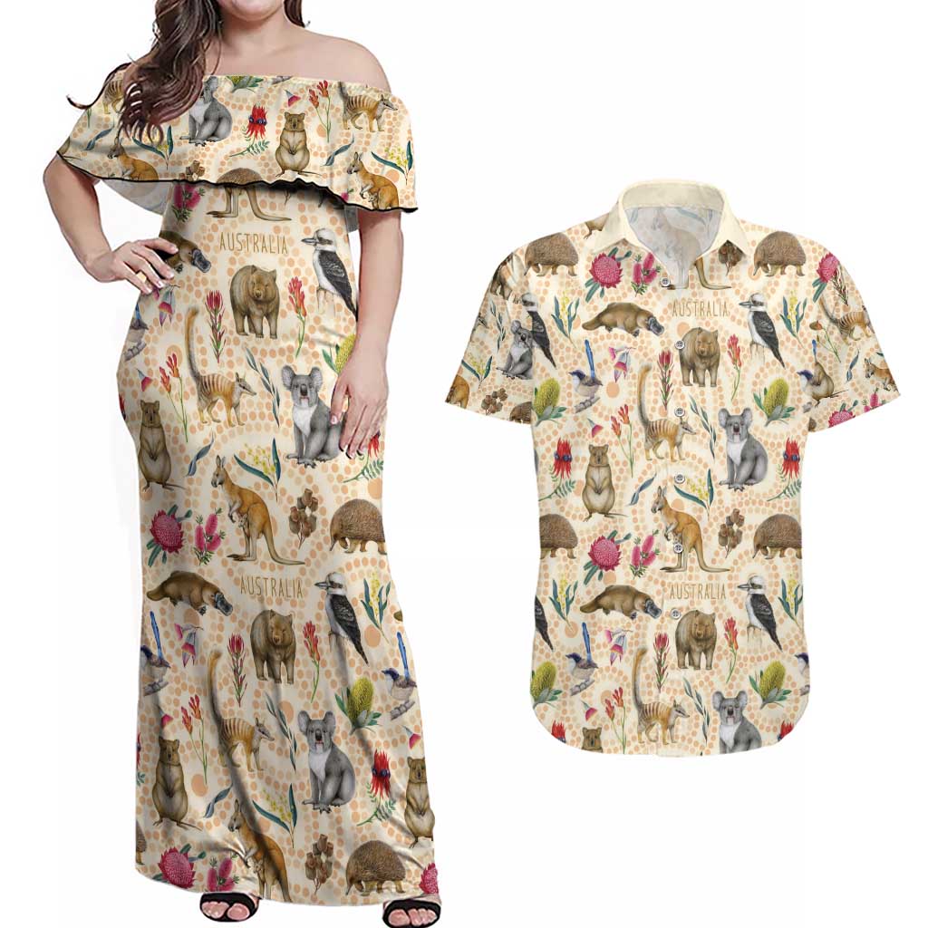 Australia Native Animals Couples Matching Off Shoulder Maxi Dress and Hawaiian Shirt Aussie Aboriginal Art Seamless Vibes - Aussie Hoodie