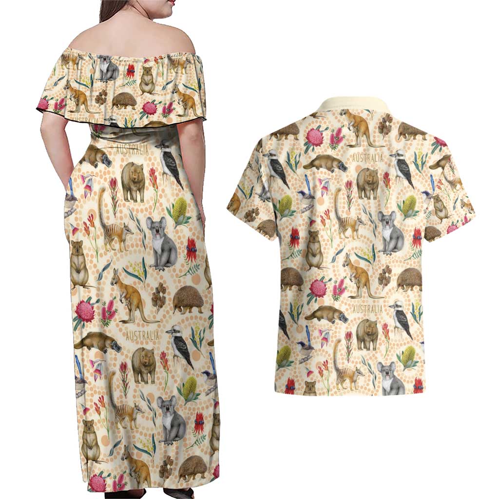 Australia Native Animals Couples Matching Off Shoulder Maxi Dress and Hawaiian Shirt Aussie Aboriginal Art Seamless Vibes - Aussie Hoodie