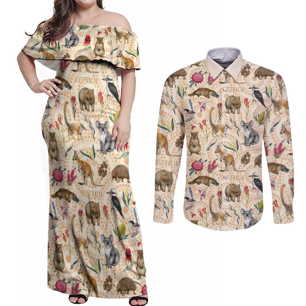 Australia Native Animals Couples Matching Off Shoulder Maxi Dress and Long Sleeve Button Shirt Aussie Aboriginal Art Seamless Vibes - Aussie Hoodie