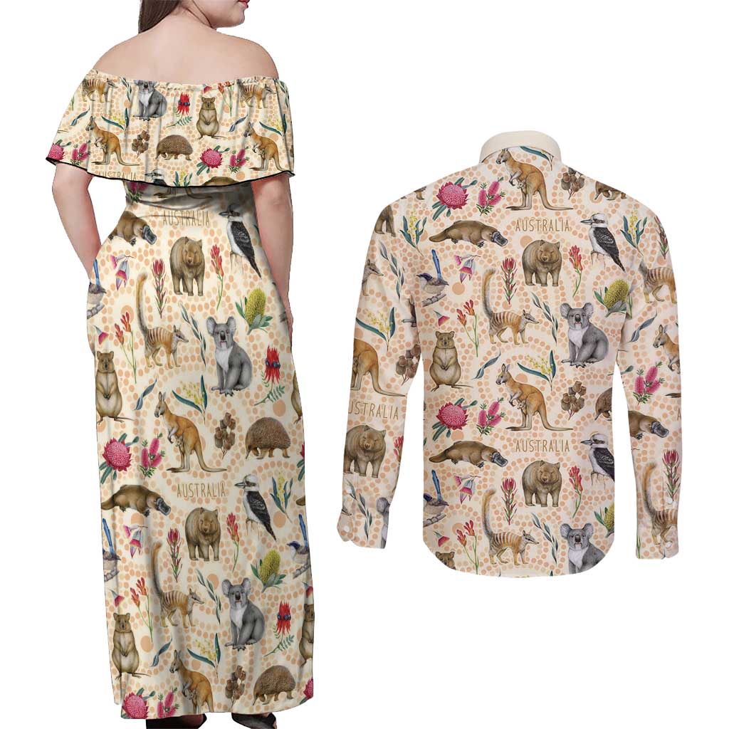 Australia Native Animals Couples Matching Off Shoulder Maxi Dress and Long Sleeve Button Shirt Aussie Aboriginal Art Seamless Vibes - Aussie Hoodie