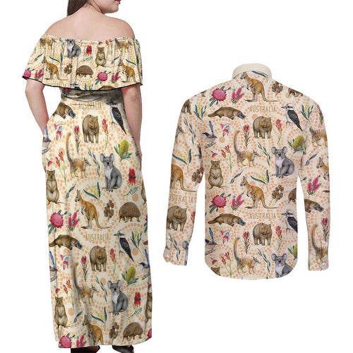 Australia Native Animals Couples Matching Off Shoulder Maxi Dress and Long Sleeve Button Shirt Aussie Aboriginal Art Seamless Vibes - Aussie Hoodie