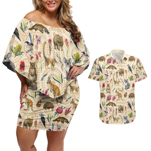 Australia Native Animals Couples Matching Off Shoulder Short Dress and Hawaiian Shirt Aussie Aboriginal Art Seamless Vibes - Aussie Hoodie