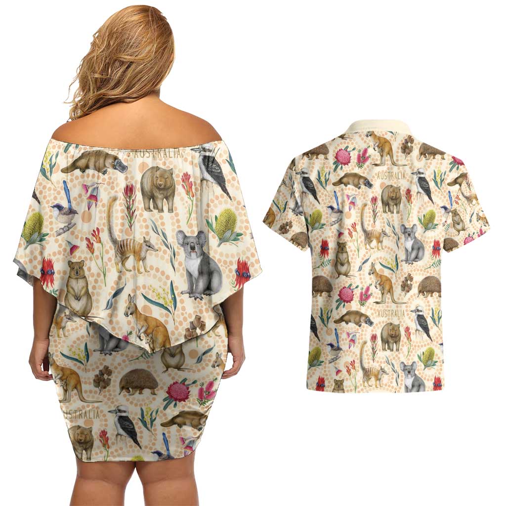 Australia Native Animals Couples Matching Off Shoulder Short Dress and Hawaiian Shirt Aussie Aboriginal Art Seamless Vibes - Aussie Hoodie