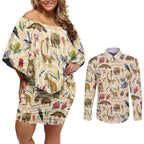 Australia Native Animals Couples Matching Off Shoulder Short Dress and Long Sleeve Button Shirt Aussie Aboriginal Art Seamless Vibes - Aussie Hoodie