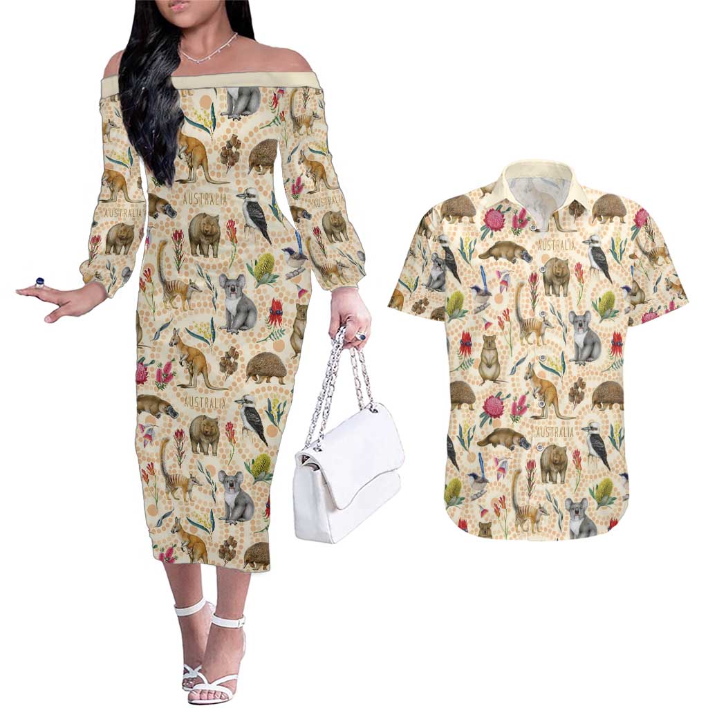 Australia Native Animals Couples Matching Off The Shoulder Long Sleeve Dress and Hawaiian Shirt Aussie Aboriginal Art Seamless Vibes - Aussie Hoodie