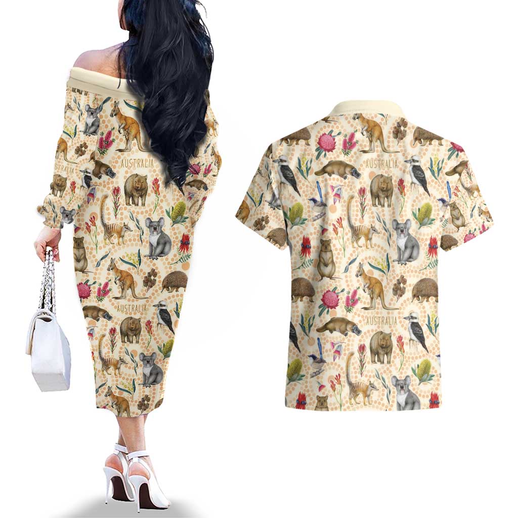 Australia Native Animals Couples Matching Off The Shoulder Long Sleeve Dress and Hawaiian Shirt Aussie Aboriginal Art Seamless Vibes - Aussie Hoodie