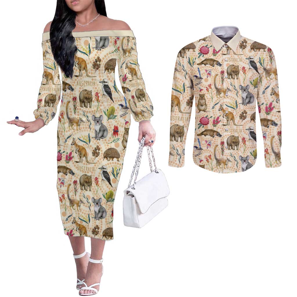Australia Native Animals Couples Matching Off The Shoulder Long Sleeve Dress and Long Sleeve Button Shirt Aussie Aboriginal Art Seamless Vibes - Aussie Hoodie