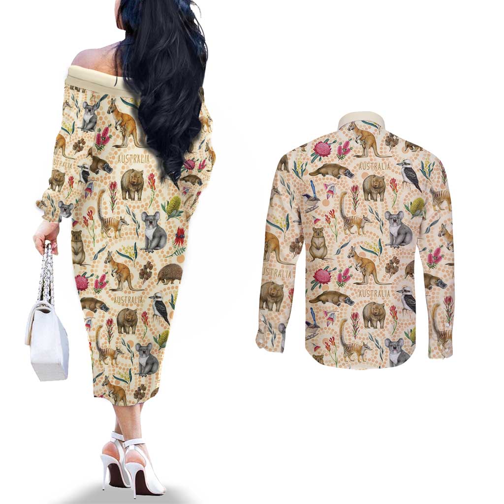 Australia Native Animals Couples Matching Off The Shoulder Long Sleeve Dress and Long Sleeve Button Shirt Aussie Aboriginal Art Seamless Vibes - Aussie Hoodie
