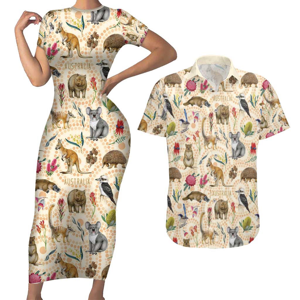 Australia Native Animals Couples Matching Short Sleeve Bodycon Dress and Hawaiian Shirt Aussie Aboriginal Art Seamless Vibes - Aussie Hoodie