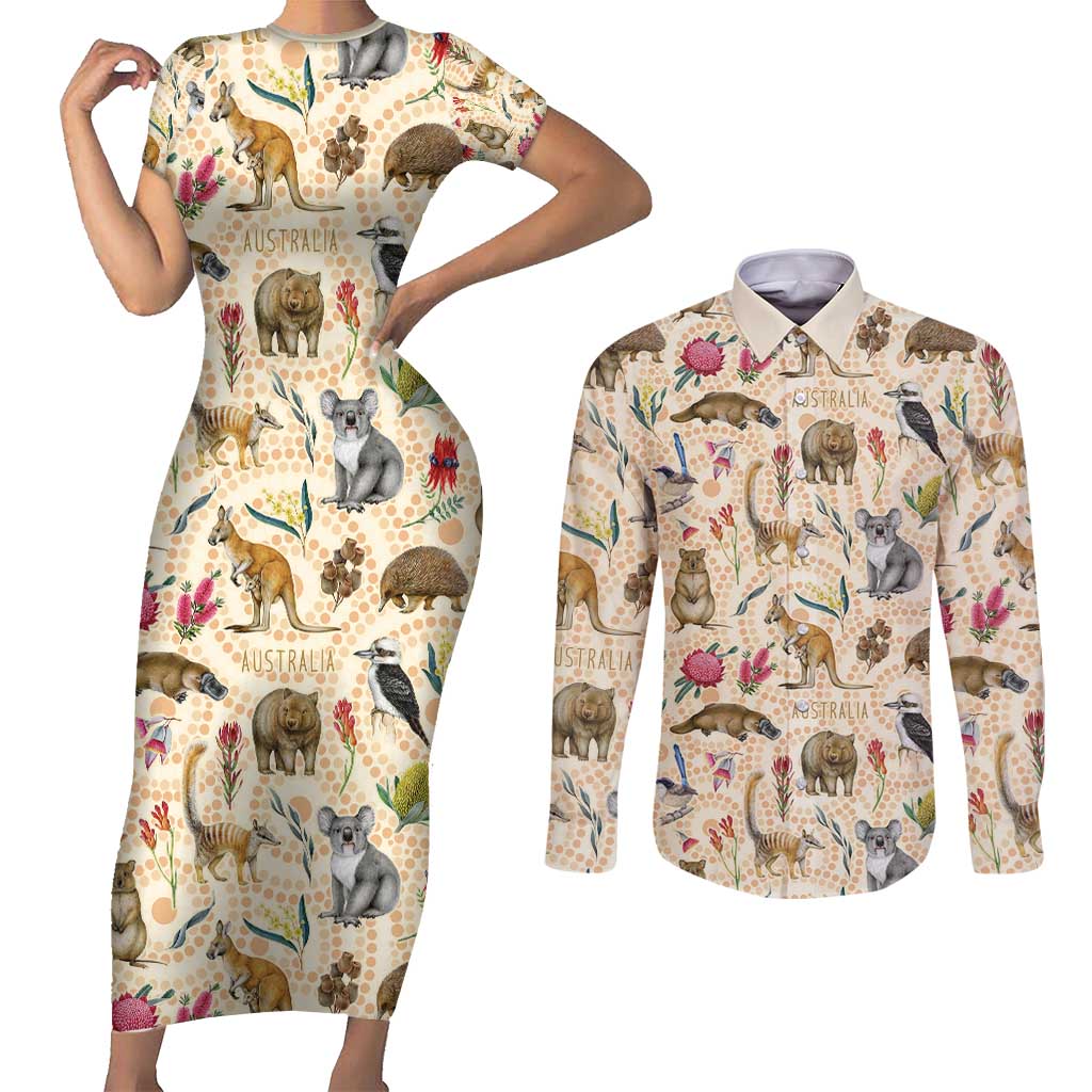 Australia Native Animals Couples Matching Short Sleeve Bodycon Dress and Long Sleeve Button Shirt Aussie Aboriginal Art Seamless Vibes - Aussie Hoodie