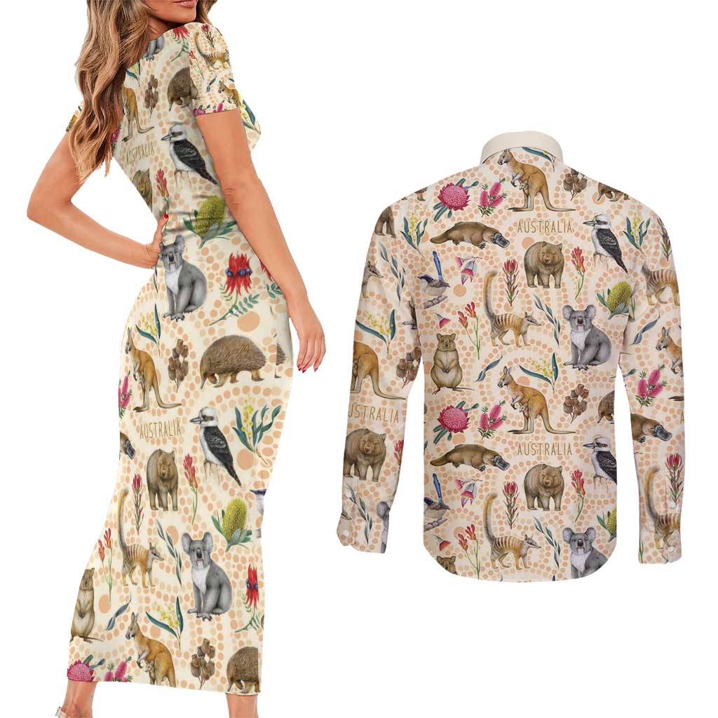 Australia Native Animals Couples Matching Short Sleeve Bodycon Dress and Long Sleeve Button Shirt Aussie Aboriginal Art Seamless Vibes - Aussie Hoodie