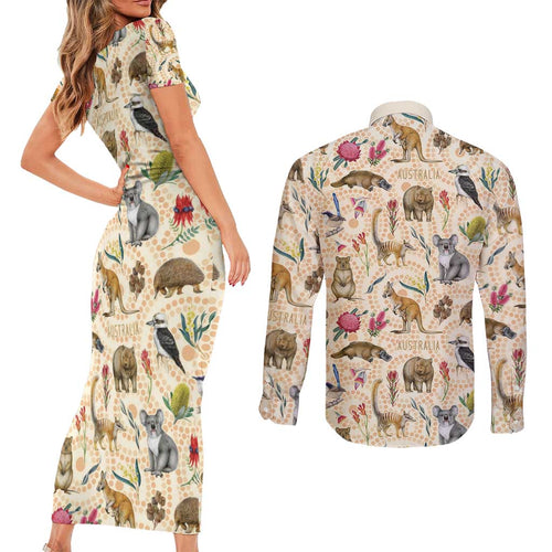Australia Native Animals Couples Matching Short Sleeve Bodycon Dress and Long Sleeve Button Shirt Aussie Aboriginal Art Seamless Vibes - Aussie Hoodie