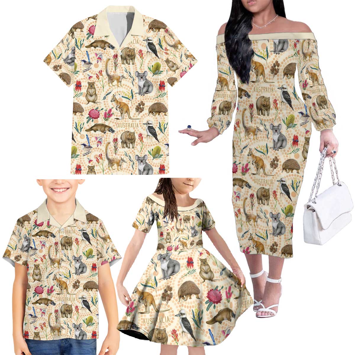 Australia Native Animals Family Matching Off The Shoulder Long Sleeve Dress and Hawaiian Shirt Aussie Aboriginal Art Seamless Vibes - Aussie Hoodie