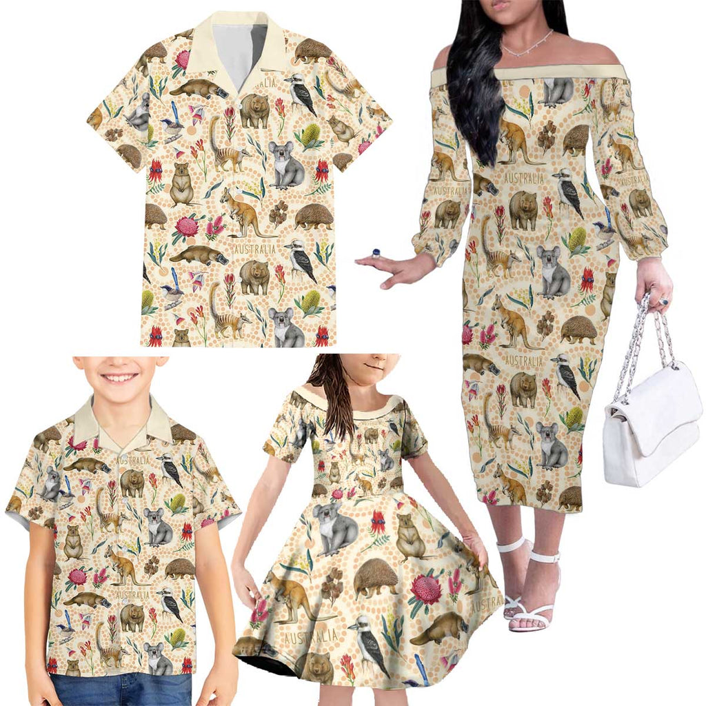 Australia Native Animals Family Matching Off The Shoulder Long Sleeve Dress and Hawaiian Shirt Aussie Aboriginal Art Seamless Vibes - Aussie Hoodie