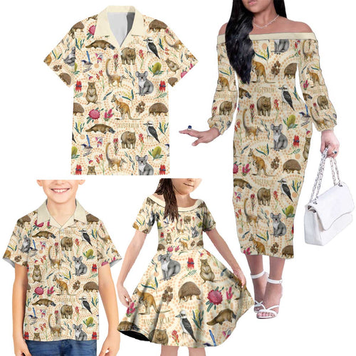 Australia Native Animals Family Matching Off The Shoulder Long Sleeve Dress and Hawaiian Shirt Aussie Aboriginal Art Seamless Vibes - Aussie Hoodie