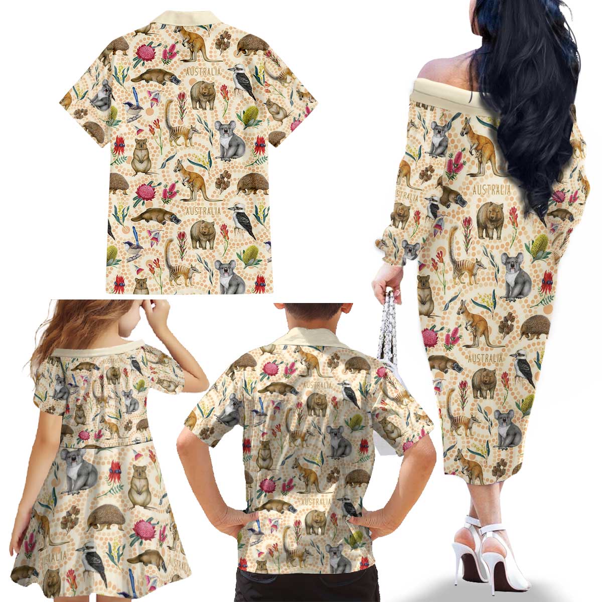 Australia Native Animals Family Matching Off The Shoulder Long Sleeve Dress and Hawaiian Shirt Aussie Aboriginal Art Seamless Vibes - Aussie Hoodie