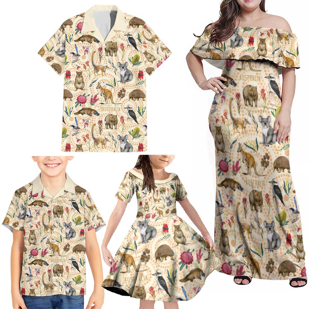 Australia Native Animals Family Matching Off Shoulder Maxi Dress and Hawaiian Shirt Aussie Aboriginal Art Seamless Vibes - Aussie Hoodie