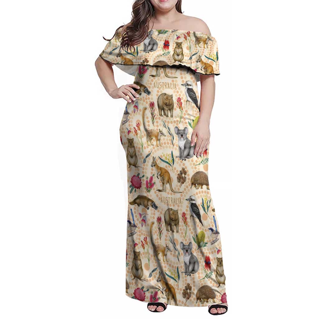 Australia Native Animals Family Matching Off Shoulder Maxi Dress and Hawaiian Shirt Aussie Aboriginal Art Seamless Vibes - Aussie Hoodie