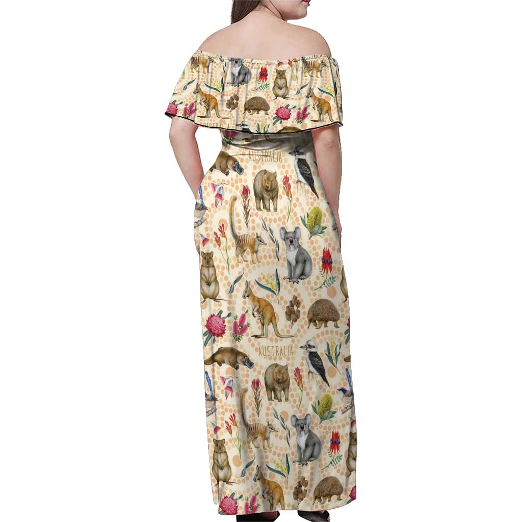 Australia Native Animals Family Matching Off Shoulder Maxi Dress and Hawaiian Shirt Aussie Aboriginal Art Seamless Vibes - Aussie Hoodie