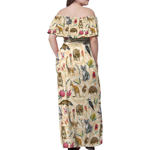 Australia Native Animals Family Matching Off Shoulder Maxi Dress and Hawaiian Shirt Aussie Aboriginal Art Seamless Vibes - Aussie Hoodie