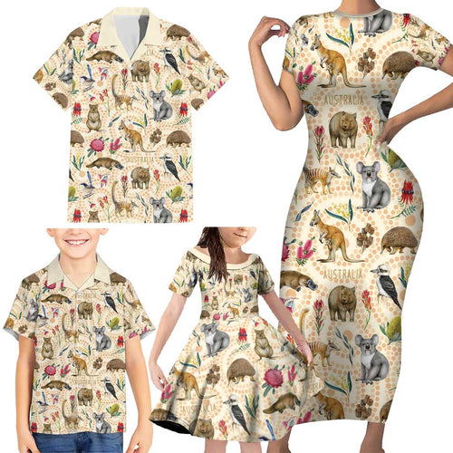 Australia Native Animals Family Matching Short Sleeve Bodycon Dress and Hawaiian Shirt Aussie Aboriginal Art Seamless Vibes - Aussie Hoodie