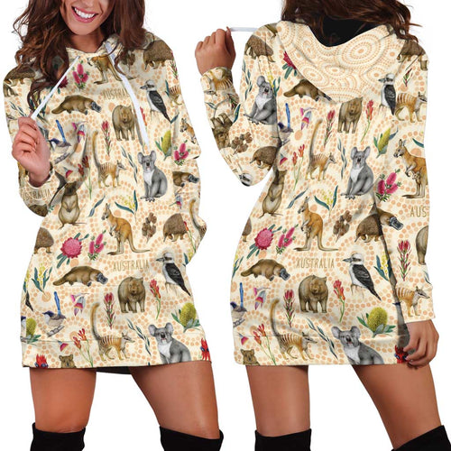 Australia Native Animals Hoodie Dress Aussie Aboriginal Art Seamless Vibes - Aussie Hoodie
