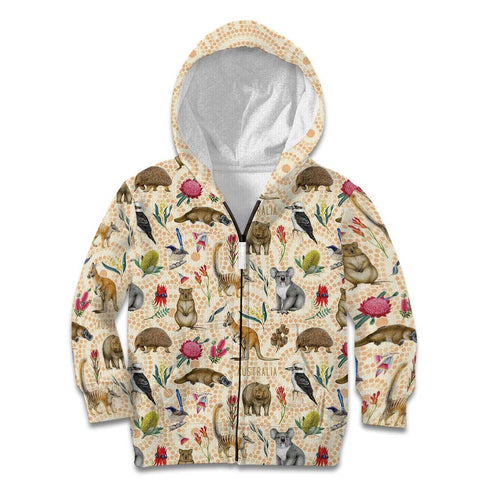 Australia Native Animals Kid Hoodie Aussie Aboriginal Art Seamless Vibes - Aussie Hoodie