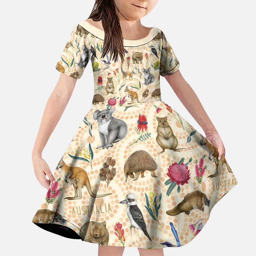 Australia Native Animals Kid Short Sleeve Dress Aussie Aboriginal Art Seamless Vibes - Aussie Hoodie