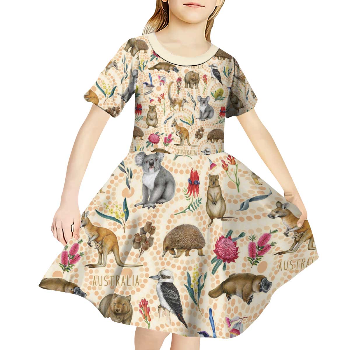 Australia Native Animals Kid Short Sleeve Dress Aussie Aboriginal Art Seamless Vibes - Aussie Hoodie