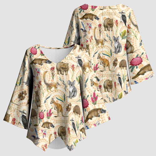 Australia Native Animals Kimono Sleeve Blouse Aussie Aboriginal Art Seamless Vibes - Aussie Hoodie