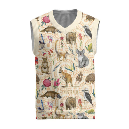 Australia Native Animals Christmas Knitted V-Neck Vest Aussie Aboriginal Art Seamless Vibes - Aussie Hoodie