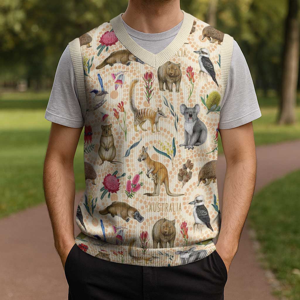 Australia Native Animals Christmas Knitted V-Neck Vest Aussie Aboriginal Art Seamless Vibes - Aussie Hoodie