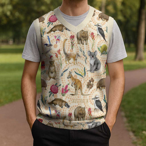 Australia Native Animals Christmas Knitted V-Neck Vest Aussie Aboriginal Art Seamless Vibes - Aussie Hoodie
