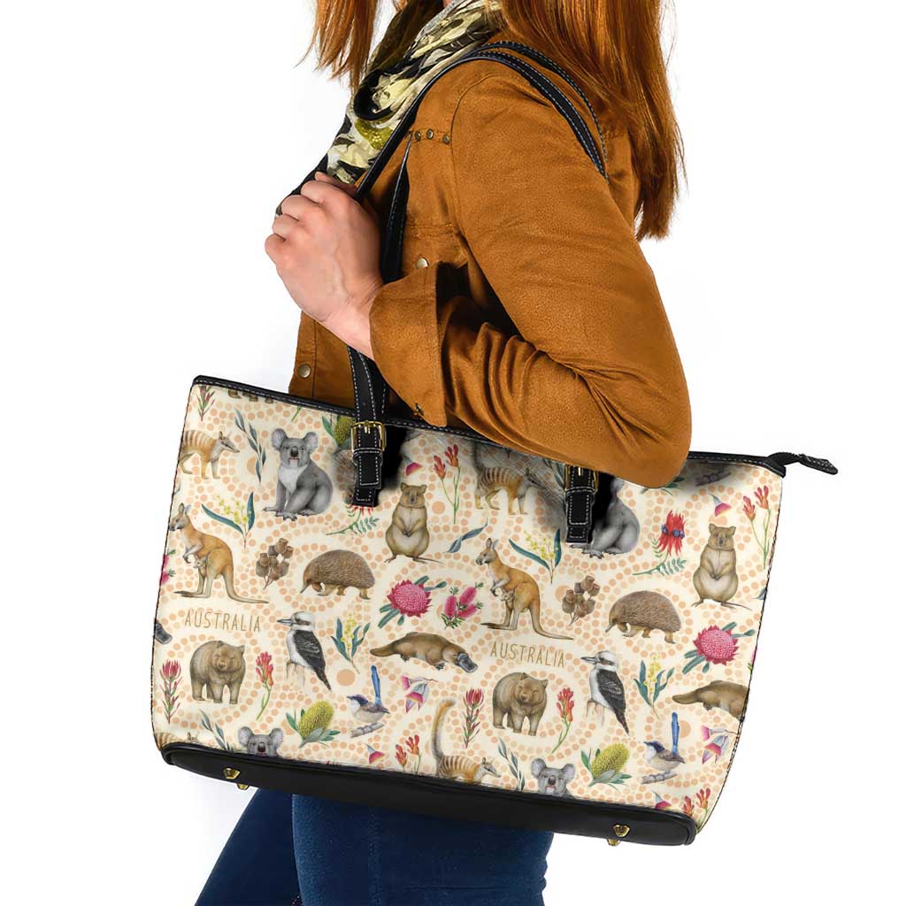 Australia Native Animals Leather Tote Bag Aussie Aboriginal Art Seamless Vibes - Aussie Hoodie