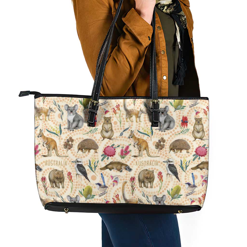 Australia Native Animals Leather Tote Bag Aussie Aboriginal Art Seamless Vibes - Aussie Hoodie