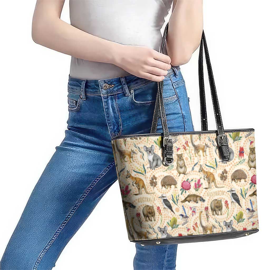 Australia Native Animals Leather Tote Bag Aussie Aboriginal Art Seamless Vibes - Aussie Hoodie