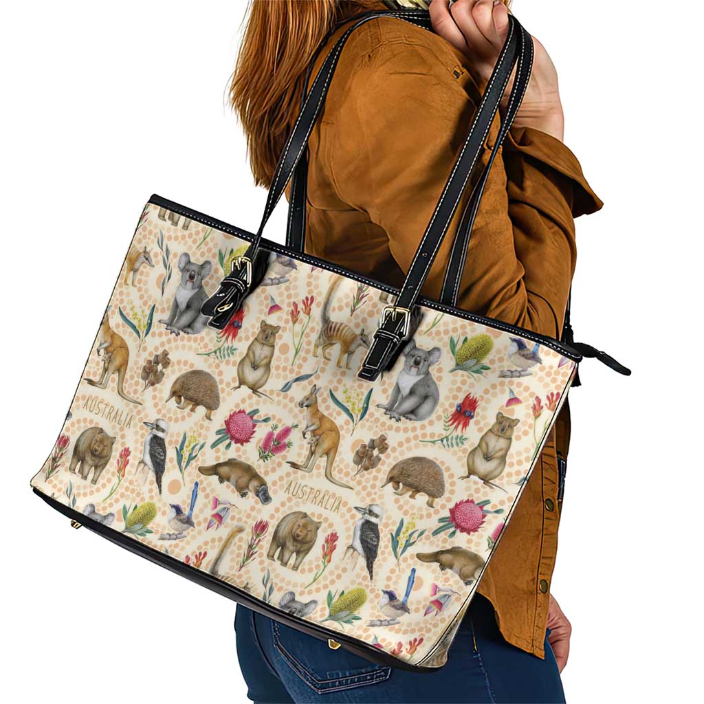 Australia Native Animals Leather Tote Bag Aussie Aboriginal Art Seamless Vibes - Aussie Hoodie